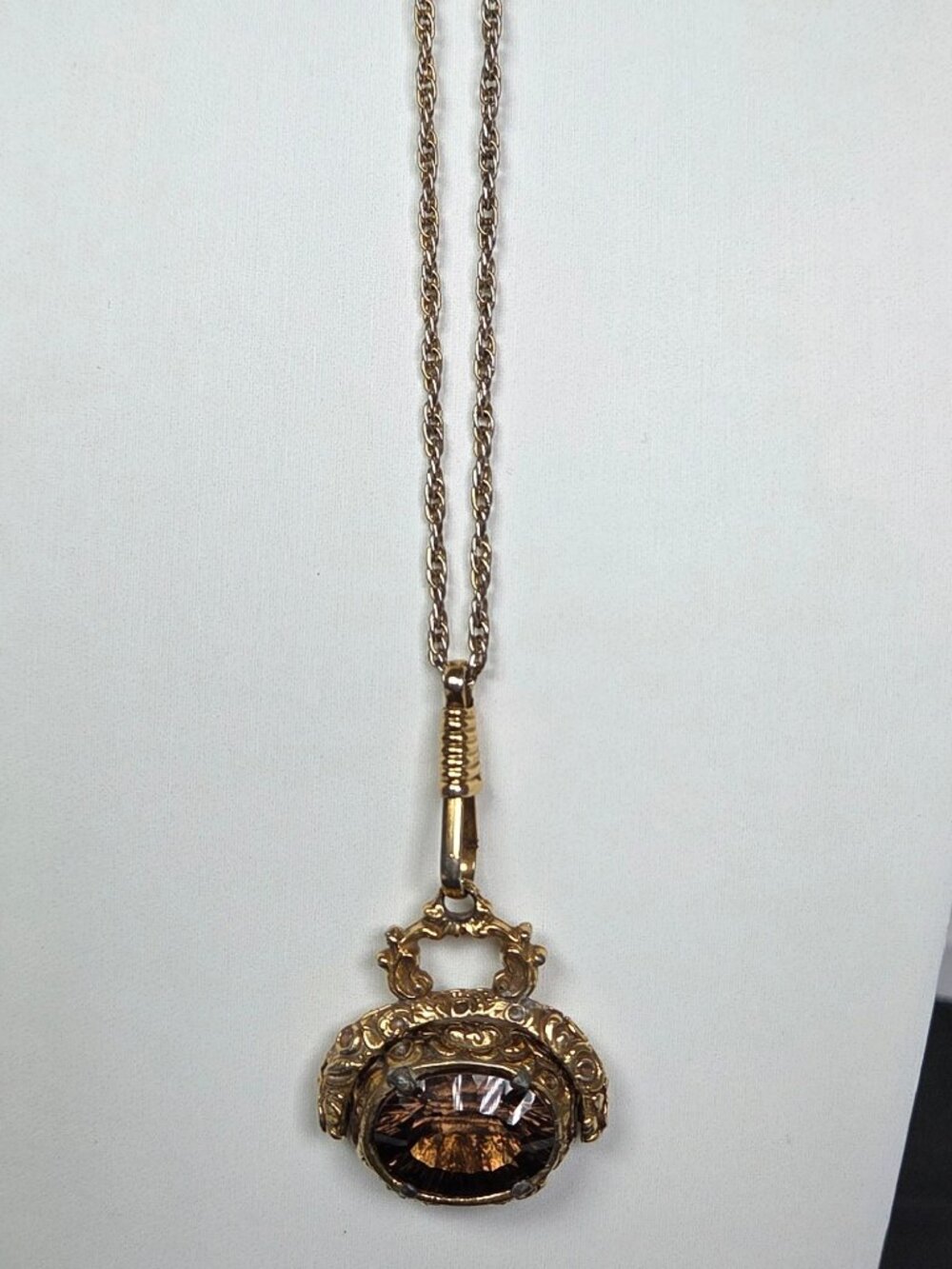 Goldette Necklace Lariat Slide Flip Fob Smoky Quartz Stone 18" L Vintage-1960's - Picture 2 of 16